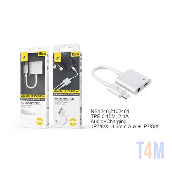ONEPLUS 2 IN 1 AUDIO ADAPTOR CABLE BL NB1246 IP TO IPHONE CHARGING + 3.5MM AUDIO WHITE